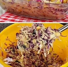 Salada tropical feita com repolho roxo e frutas